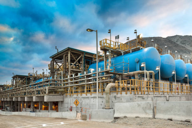Water tanks and reverse osmosis equipment in a desalination plant.